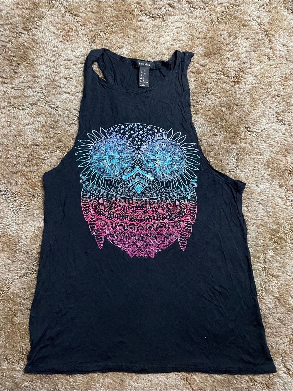 Forever 21 Black Tank Top Owl Design Woman’s Size Small
